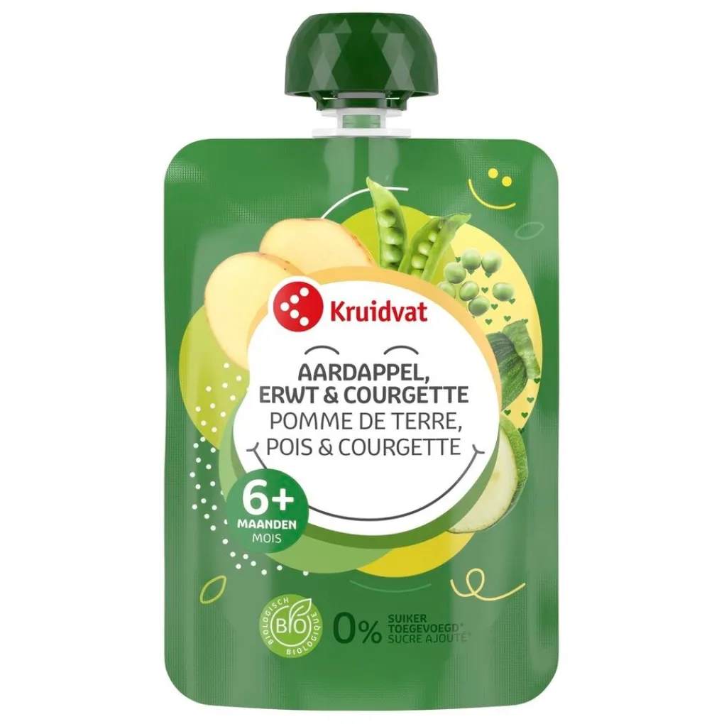 Kruidvat 6+M Bio Aardappel, Erwt & Courgette Knijpzakje New