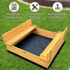 Rijoka Houten Zandbak 2 Banken Inclusief Grondzeil Inklapbaar 127x127 Discount