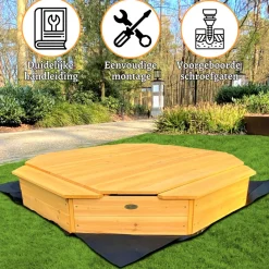 Rijoka Houten Zandbak met 4 Bankjes Inclusief Deksel en Grondzeil Speeltoestel Hot