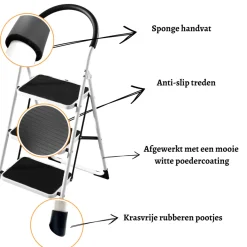 Rijoka Huishoudtrap Inklapbaar 3 Treden Anti Slip Treden Sponge Handgrepen