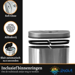 Rijoka Prullenbak met Sensor Dubbel 70 Liter RVS Soft Close Vingerafdrukvrij Clearance