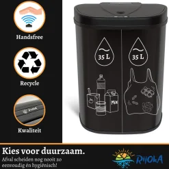 Rijoka Prullenbak Sensor Dubbel 70 Liter Recycle RVS Soft Close Vingerafdrukvrij Discount