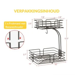 SensaHome Fruitmand met Bananenhouder Vierkant 2-Laags Hot