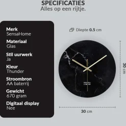SensaHome Glazen Wandklok 30cm Minimalistische Marmeren Design met Stille uurwerk