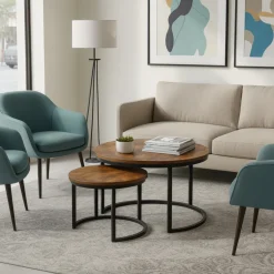 SensaHome Salontafel Set Antieke Ronde Houten Tafelset Clearance