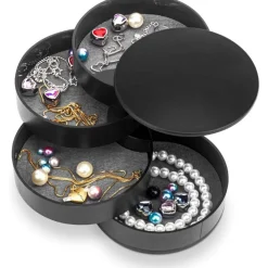 UNIQ draaibare ronde sieradendoos / organizer met 4 vakken - Zwart Outlet